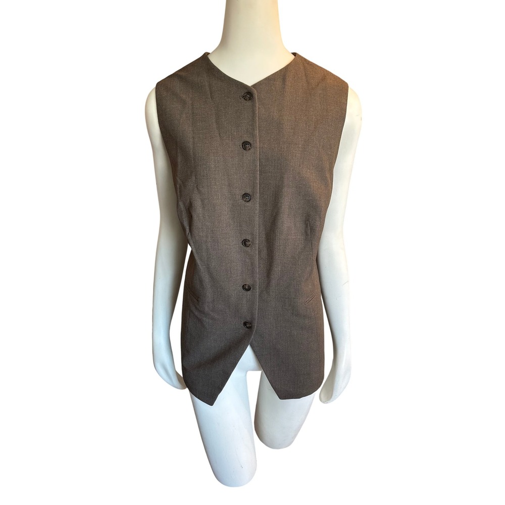 H&M Brown Tailored Longline Vest Sleeveless Blazer XL Collarless Button Front